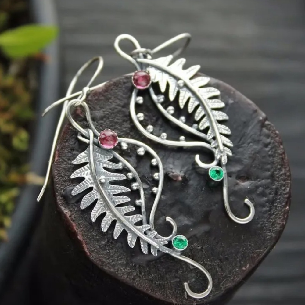 Elegant Silver Leaf Earrings with Red and Green Accents